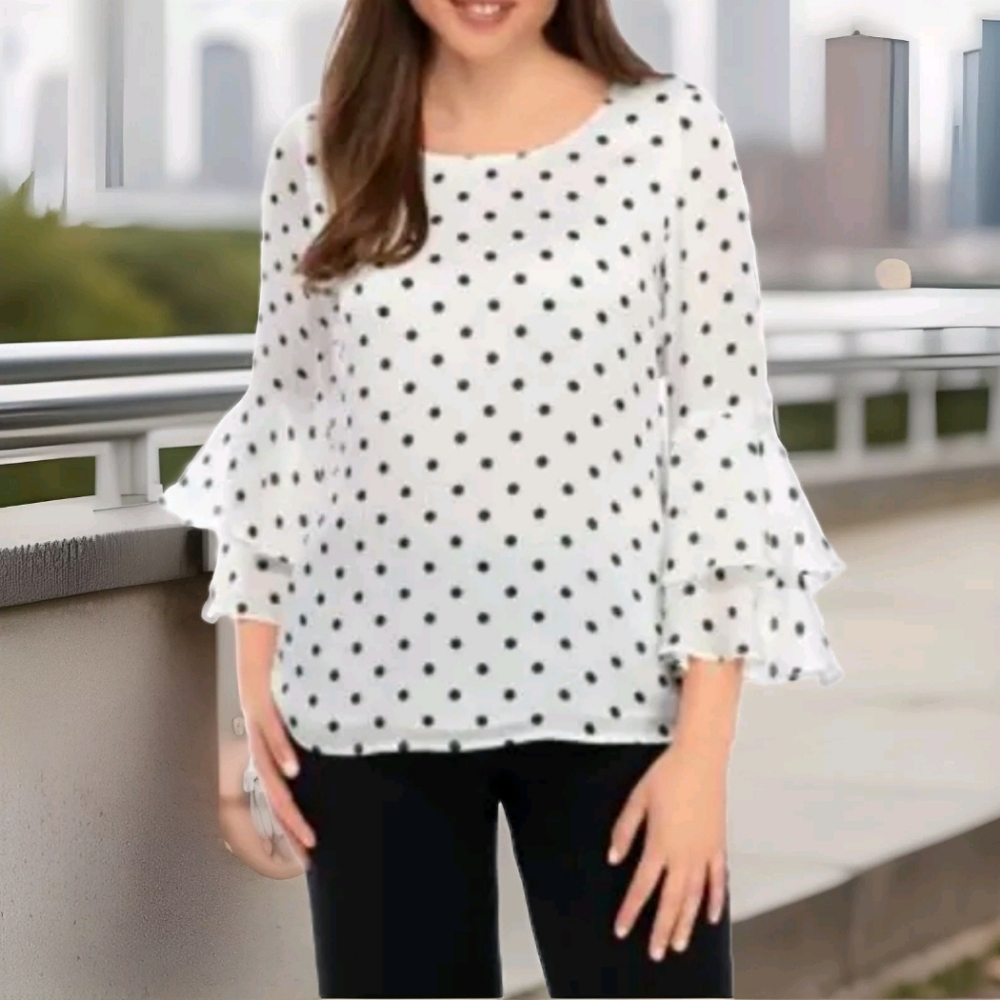 Kasper Women's PolkaDot Ruffle Bell Sleeve Blouse Size XS Top White black *